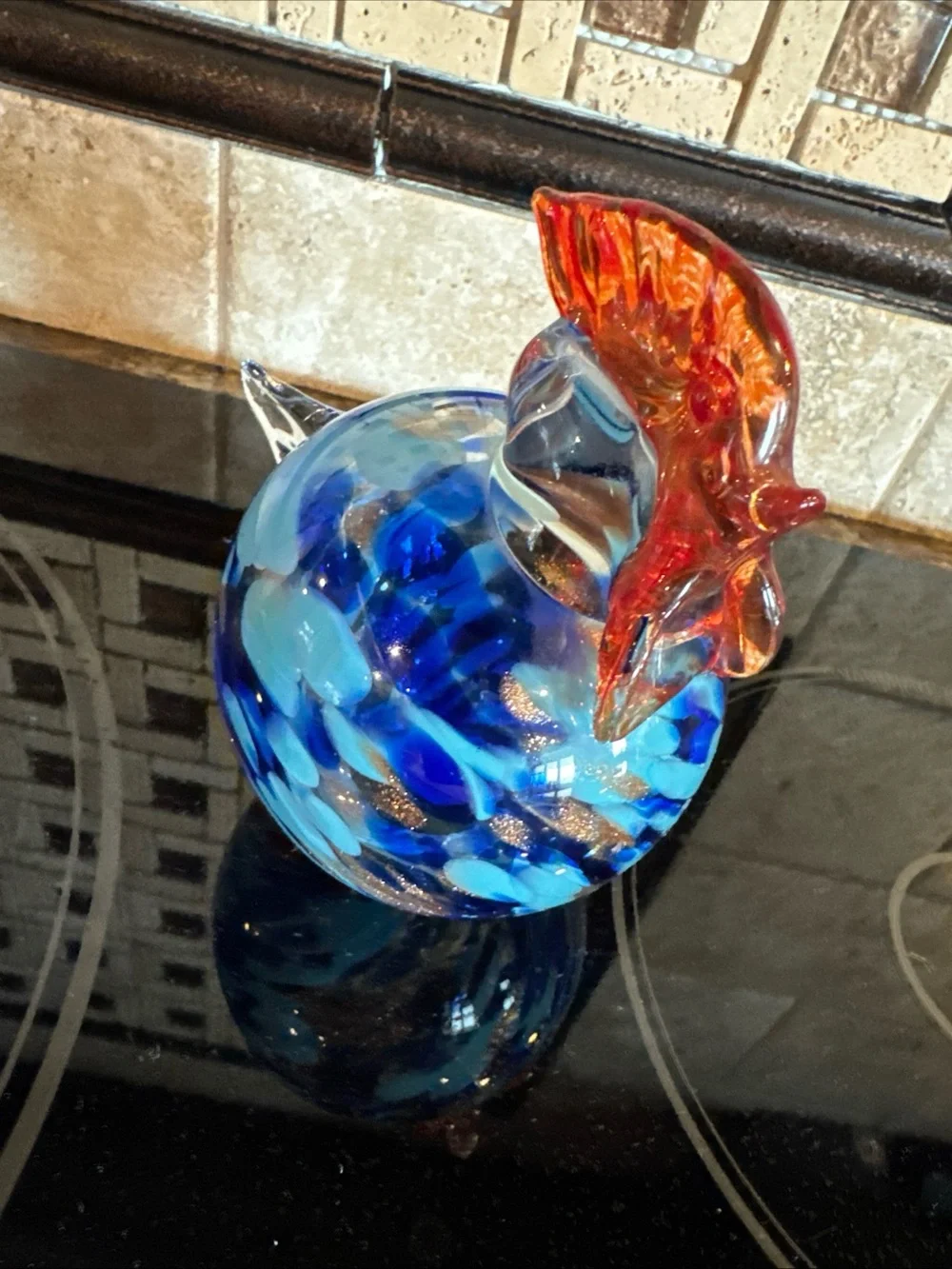 HQT Hand Made Art Glass Beautiful Blues and Gold Chicken / Rooster, 4 1/2